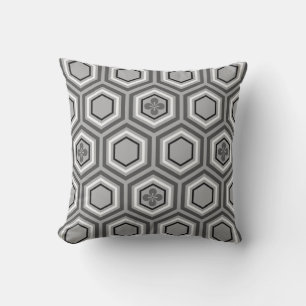 Hexagonal Kimono Print, Grey / Grey and White Cushion