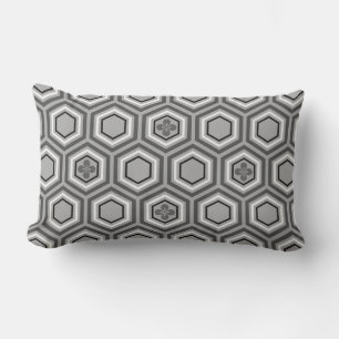 Hexagonal Kimono Print, Grey / Grey and White Lumbar Cushion