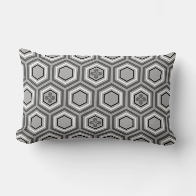 Hexagonal Kimono Print, Grey / Grey and White Lumbar Cushion (Front)
