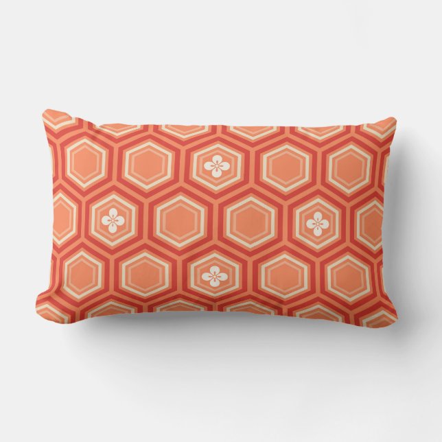 Hexagonal Kimono Print, Mandarin Orange Lumbar Cushion (Front)
