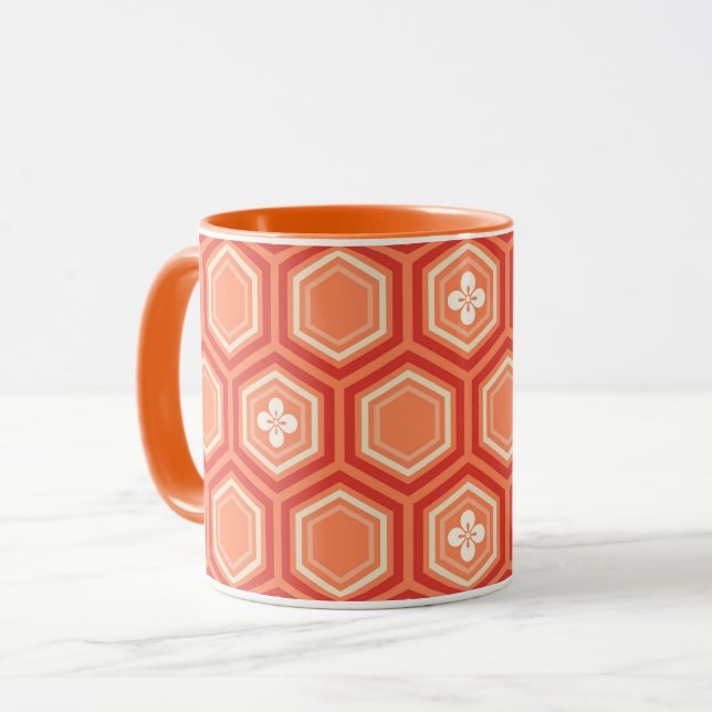 Hexagonal Kimono Print, Mandarin Orange Mug (Front Left)