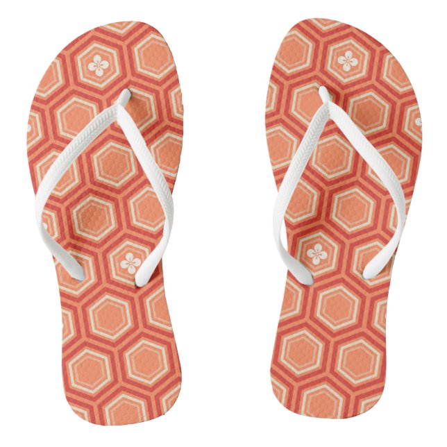 Hexagonal Kimono Print, Mandarin Orange Thongs (Footbed)