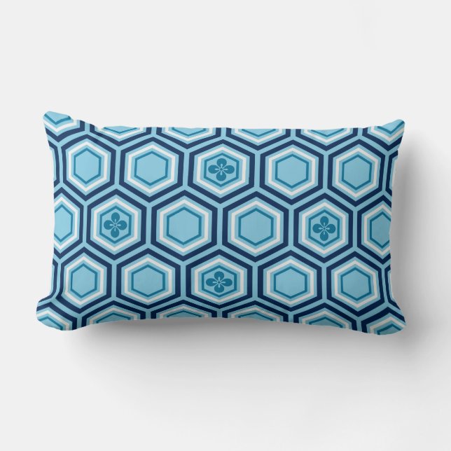 Hexagonal Kimono Print, Navy and Light Blue Lumbar Cushion (Front)