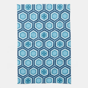 Hexagonal Kimono Print, Navy and Light Blue Tea Towel