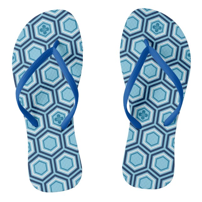 Hexagonal Kimono Print, Navy and Light Blue Thongs (Footbed)