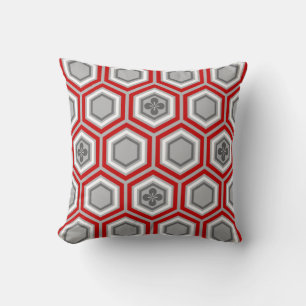 Hexagonal Kimono Print, Red and Grey / Grey Cushion