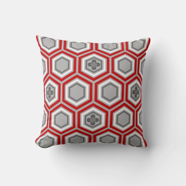 Hexagonal Kimono Print, Red and Grey / Grey Cushion (Front)
