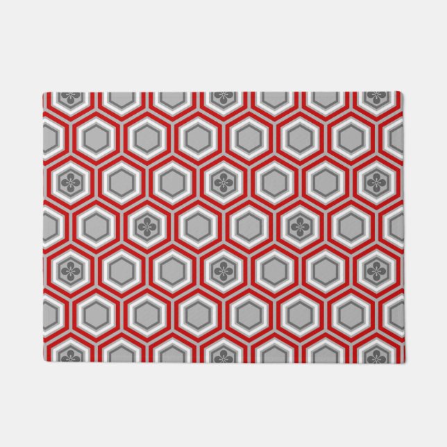 Hexagonal Kimono Print, Red and Grey / Grey Doormat (Front)