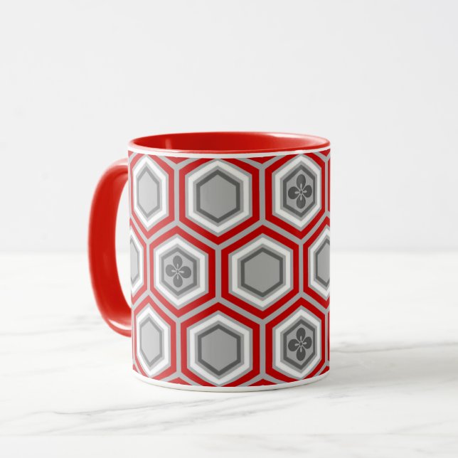 Hexagonal Kimono Print, Red and Grey / Grey Mug (Front Left)