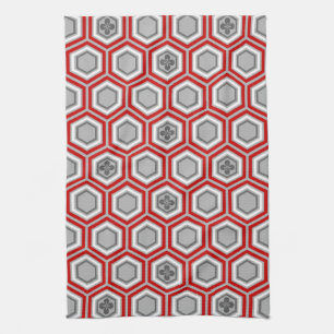 Hexagonal Kimono Print, Red and Grey / Grey Tea Towel
