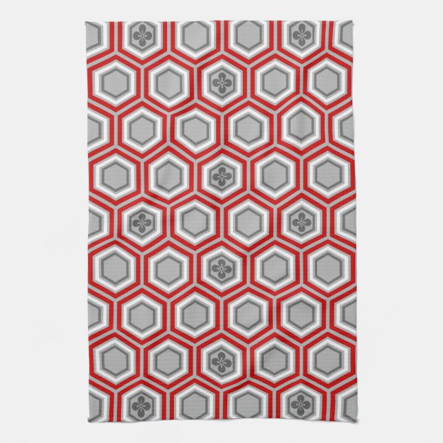 Hexagonal Kimono Print, Red and Grey / Grey Tea Towel (Vertical)