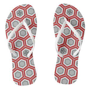Hexagonal Kimono Print, Red and Grey / Grey Thongs