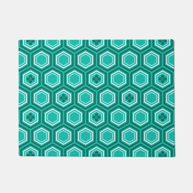 Hexagonal Kimono Print, Teal, Aqua and White Doormat (Front)