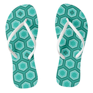 Hexagonal Kimono Print, Turquoise and White Thongs