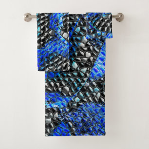 Hexagonal mosaic or blue and grey to black scales  bath towel set
