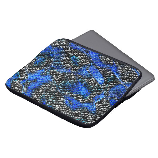 Hexagonal mosaic or blue and grey to black scales  laptop sleeve (Front Top)