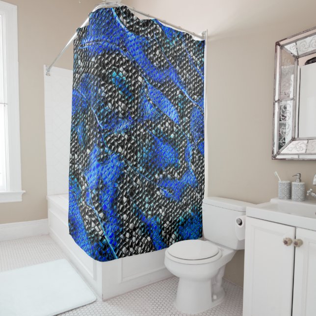 Hexagonal mosaic or blue and grey to black scales  shower curtain (In Situ)