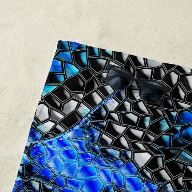 Hexagonal mosaic or fish scaly black to royal blue beach towel (In Situ)