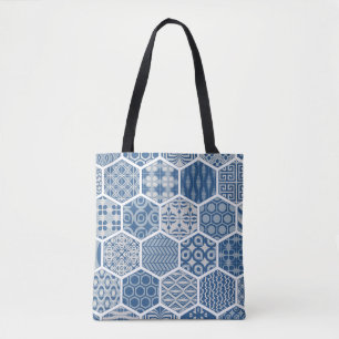 Hexagonal Pattern Tote in Blue & Grey Bag