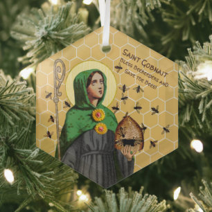 Hexagonal Portrait of St. Gobnait (SAE 003) Glass Tree Decoration