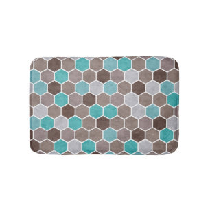 Hexagonal Textured Pattern Blue Brown Bath Mat