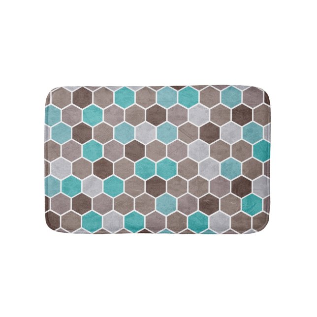 Hexagonal Textured Pattern Blue Brown Bath Mat (Front)