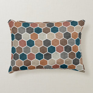 Hexagonal Textured Pattern Blue Brown Grey Decorative Cushion
