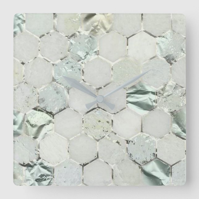 Hexagone Aqua Tiffany Mint Metallic Marble Honecom Square Wall Clock (Front)