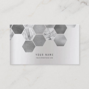 Hexagone Geometical Metallic Marble Silver Grey Business Card