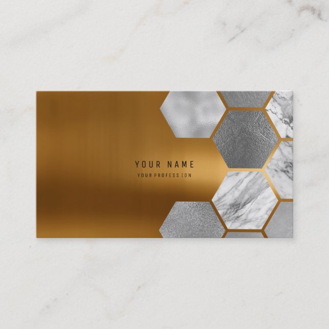 Hexagone Gold Metallic Steel Marble White Grey Business Card (Front)