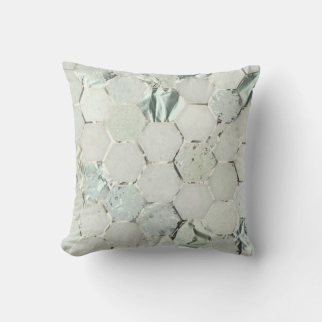 Hexagone Mint Aqua Silver Grey Metal Marble Stone Cushion (Front)