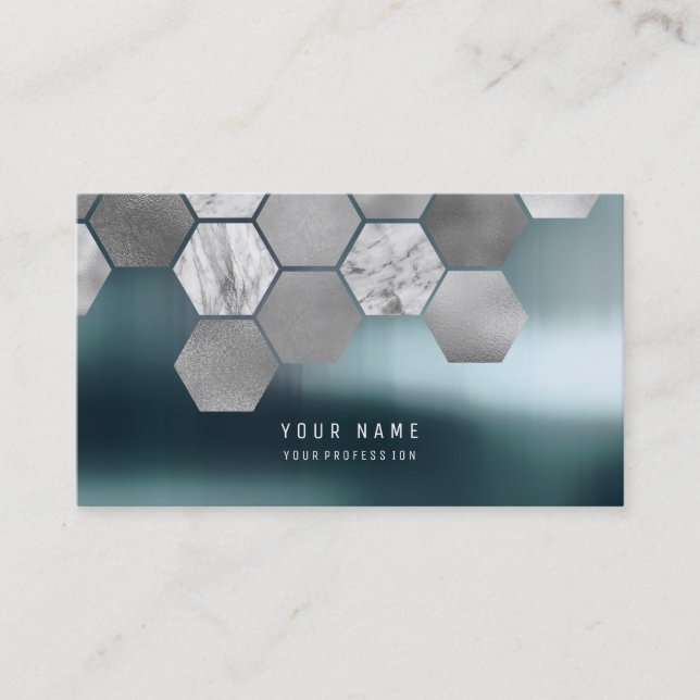 Hexagone Teal Metallic Steel Marble Silver Gray Business Card (Front)