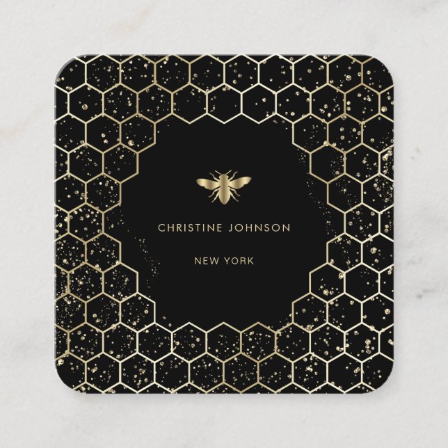 hexagons bee logo on black square business card (Front)