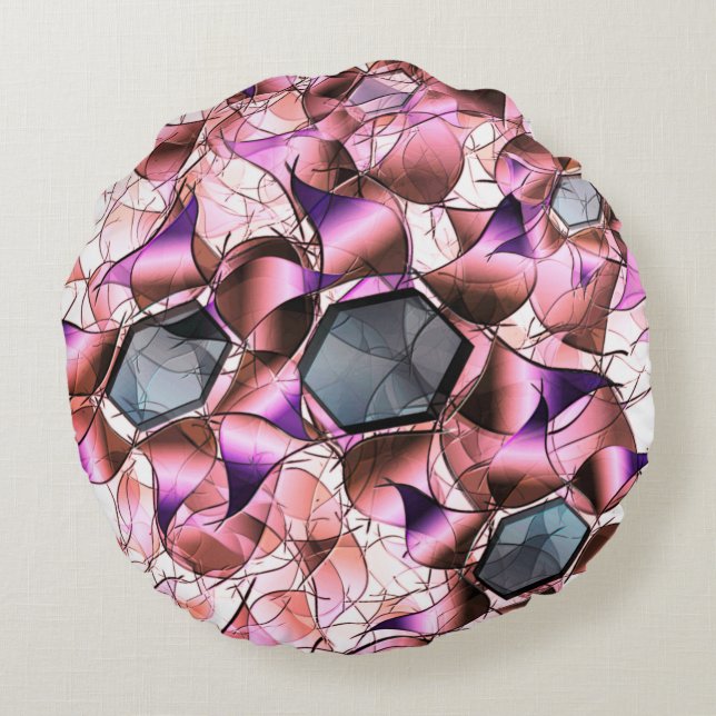 Hexagons surrounded by pinkish petal-like shapes round cushion (Back)