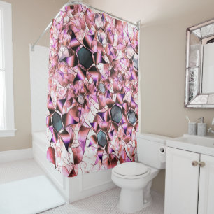 Hexagons surrounded by pinkish petal-like shapes shower curtain
