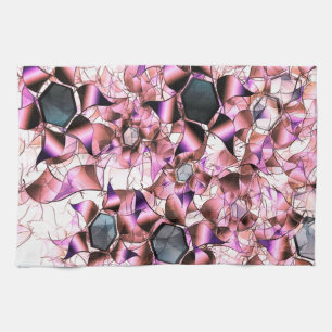 Hexagons surrounded by pinkish petal-like shapes tea towel