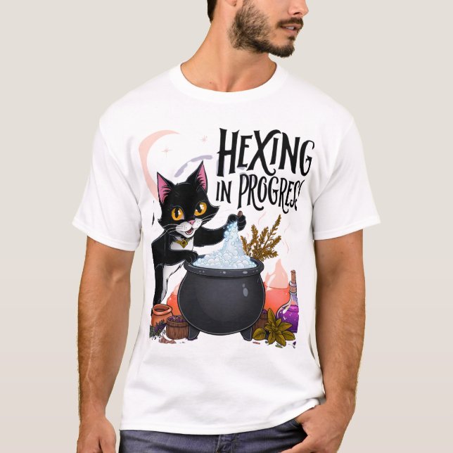 Hexing in Progress Cat T-Shirt – Witchy Black Cat  (Front)