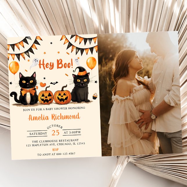 Hey Boo ! Black Cat Halloween Baby Shower Invitation (Creator Uploaded)
