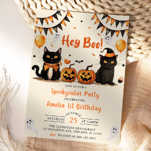 Hey Boo ! Black Cat Halloween Birthday Party Invitation