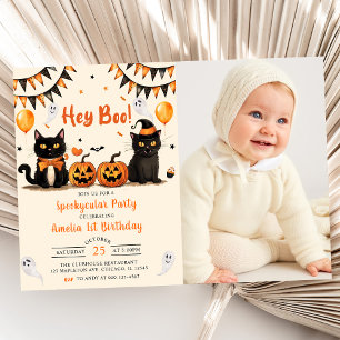 Hey Boo ! Black Cat Halloween Birthday Party Photo Invitation
