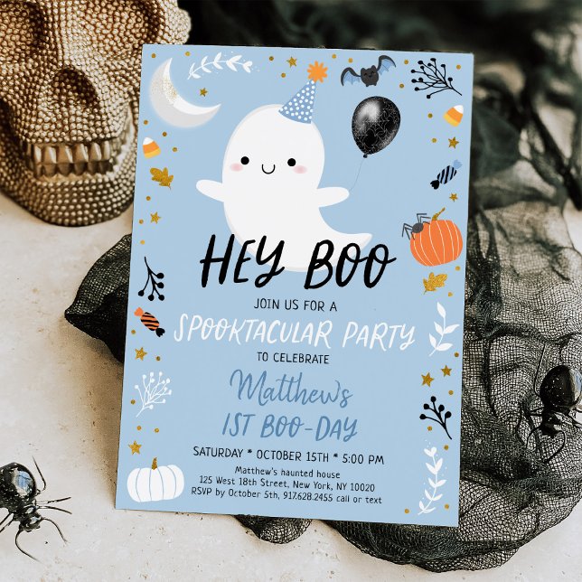 Hey Boo Blue Ghost Halloween Birthday Invitation (Creator Uploaded)