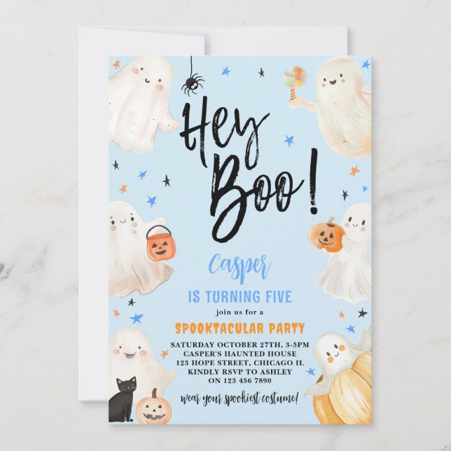 Hey Boo Blue Halloween Cute Ghosts Boy Birthday Invitation (Front)