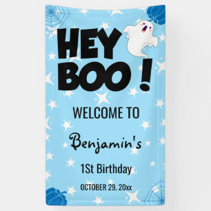 Hey Boo Blue Halloween Ghost Birthday party Banner