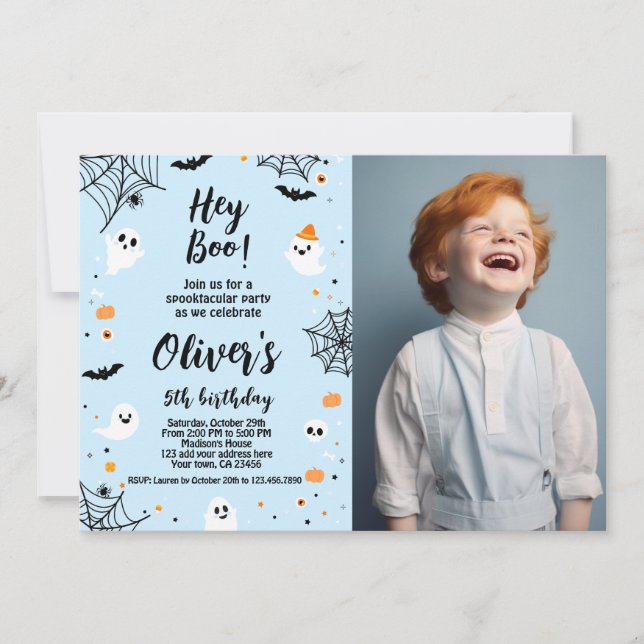 Hey Boo, blue Halloween invitation with photo (Front)