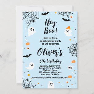 Hey Boo, blue Halloween invitation with photo