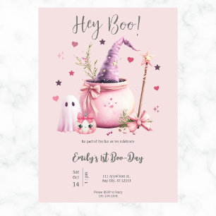 Hey Boo Cute Ghost Halloween 1st Birthday Pink Invitation
