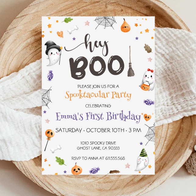Hey Boo Cute Ghost Halloween Birthday Invitation (Creator Uploaded)