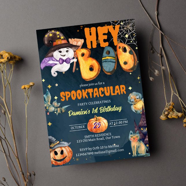 Hey boo cute ghost Halloween birthday party  Invitation (Hey boo cute baby ghost in a hat birthday party invitation bat owl cat Halloween birthday invitation)