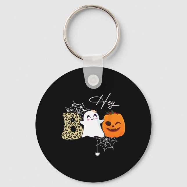 Hey Boo Cute Ghost Pumpkin Face Halloween  Key Ring (Front)