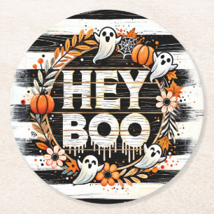 Hey Boo Cute Ghost Themed Halloween Party Favour Round Paper Coaster